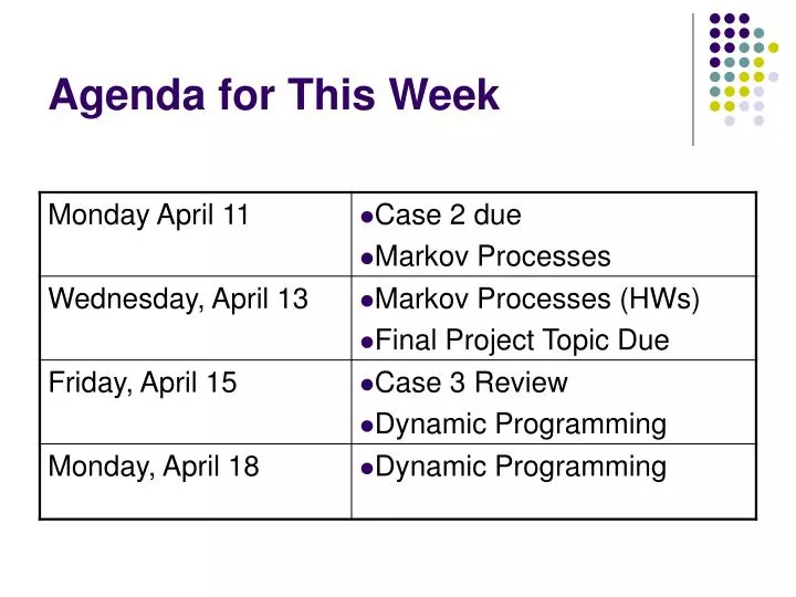 agenda for this week