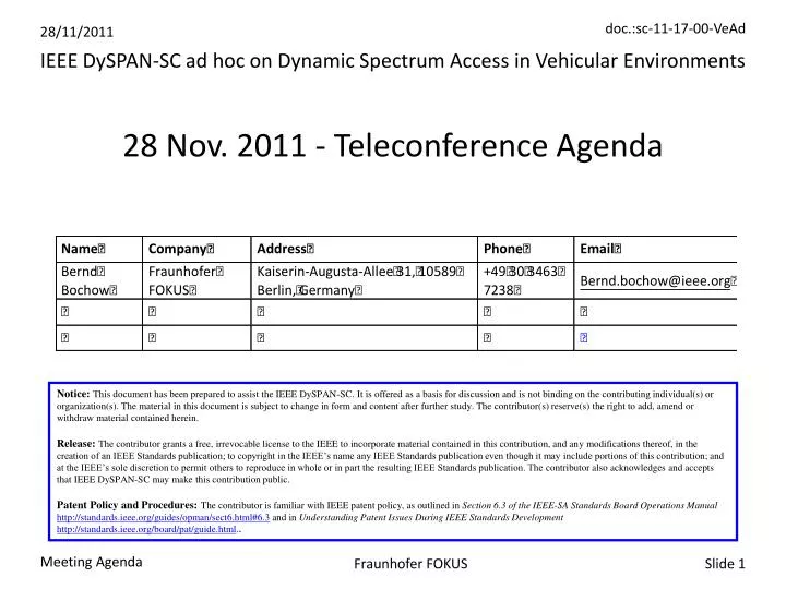 28 nov 2011 teleconference agenda