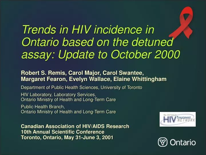 trends in hiv incidence in ontario based on the detuned assay update to october 2000