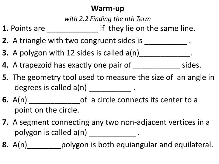 warm up with 2 2 finding the nth term