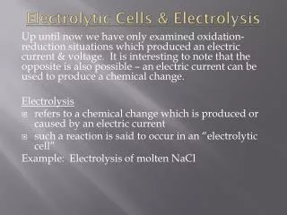 Electrolytic Cells &amp; Electrolysis