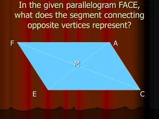 In the given parallelogram FACE, what does the segment connecting opposite vertices represent?