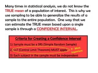 Criteria for Creating a Confidence Interval Sample must be a SRS (Simple Random Sample)