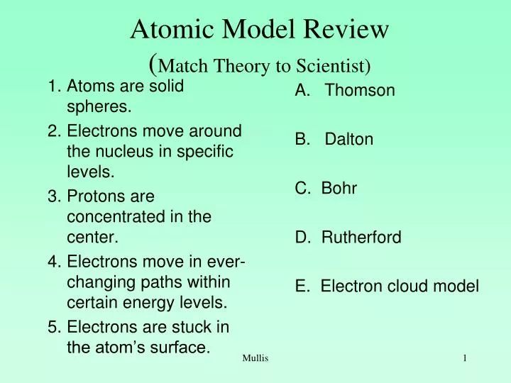 atomic model review match theory to scientist