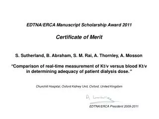 EDTNA/ERCA Manuscript Scholarship Award 20 11 Certificate of Merit