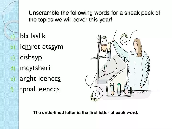 unscramble the following words for a sneak peek of the topics we will cover this year