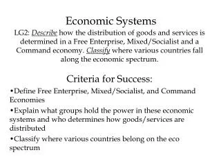 Criteria for Success: Define Free Enterprise, Mixed/Socialist, and Command Economies