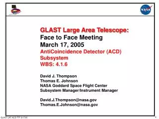 GLAST Large Area Telescope: Face to Face Meeting March 17, 2005