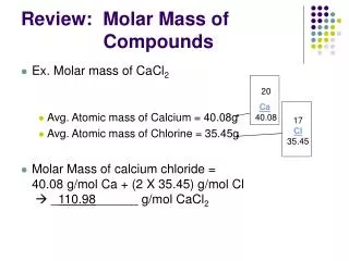 Review: Molar Mass of 			 Compounds