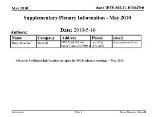 Supplementary Plenary Information - May 2010