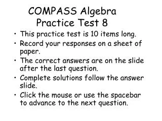 COMPASS Algebra Practice Test 8