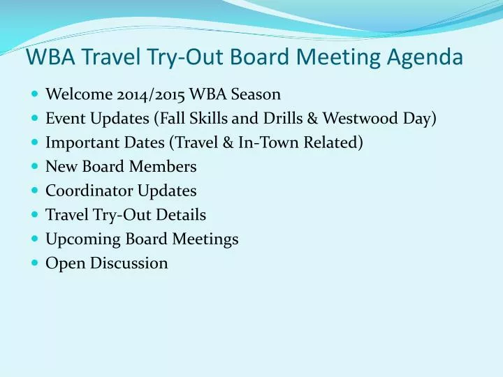 wba travel try out board meeting agenda