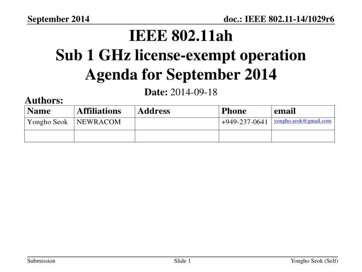 ieee 802 11ah sub 1 ghz license exempt operation agenda for september 2014