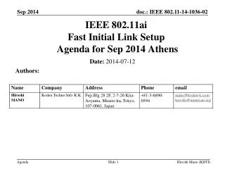 IEEE 802.11ai Fast Initial Link Setup Agenda for Sep 2014 Athens
