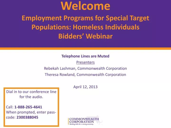 welcome employment programs for special target populations homeless individuals bidders webinar