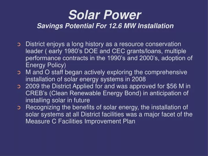 solar power savings potential for 12 6 mw installation