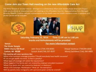 Come Join our Town Hall meeting on the new Affordable Care Act