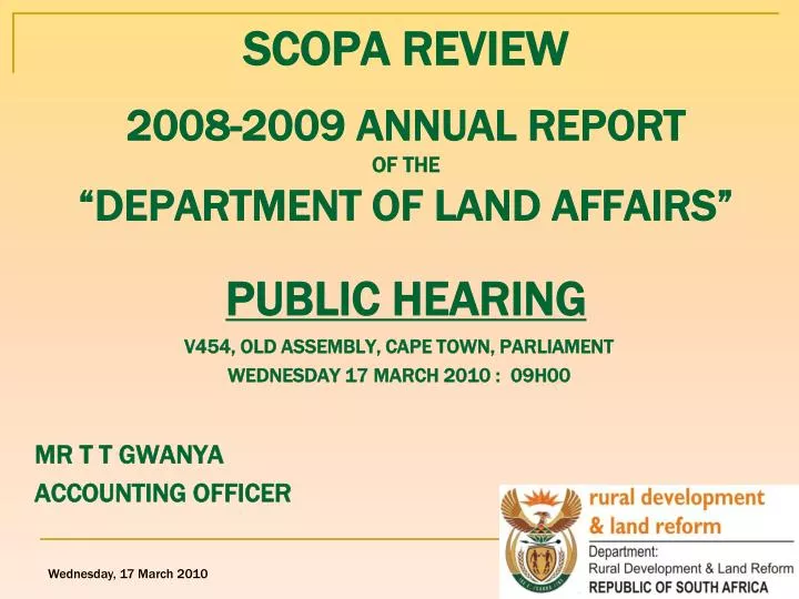 scopa review 2008 2009 annual report of the department of land affairs public hearing