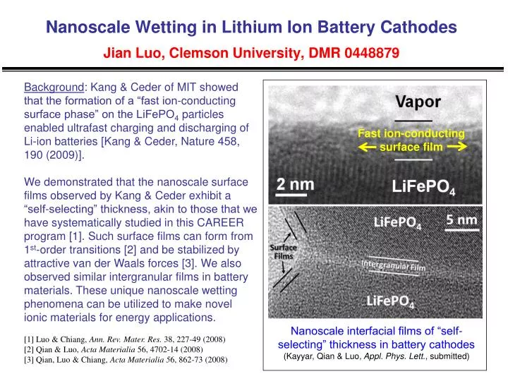 nanoscale wetting in lithium ion battery cathodes jian luo clemson university dmr 0448879