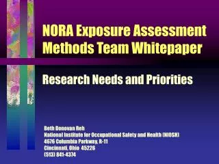 NORA Exposure Assessment Methods Team Whitepaper