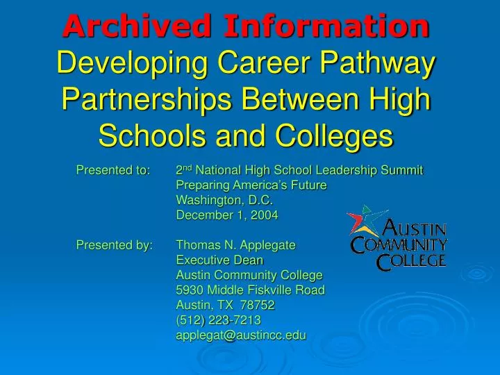 archived information developing career pathway partnerships between high schools and colleges
