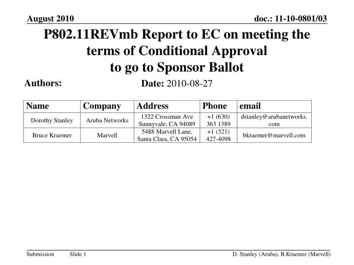 p802 11revmb report to ec on meeting the terms of conditional approval to go to sponsor ballot