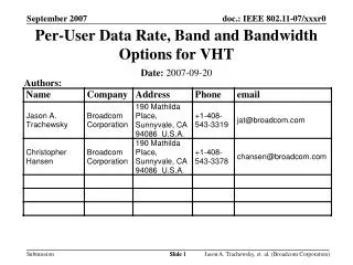 Per-User Data Rate, Band and Bandwidth Options for VHT