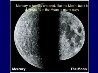 Mercury is heavily cratered, like the Moon, but it is different from the Moon in many ways