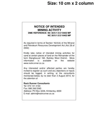 NOTICE OF INTENDED MINING ACTIVITY DME REFERENCE: NC 30/5/1/3/2/10402 MP