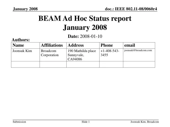 beam ad hoc status report january 2008