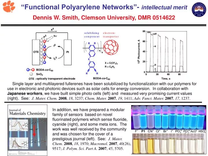 functional polyarylene networks intellectual merit dennis w smith clemson university dmr 0514622