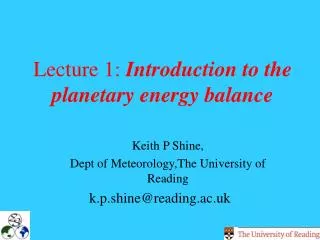 Lecture 1: Introduction to the planetary energy balance