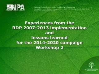 Experiences from the RDP 2007-2013 implementation and lessons learned