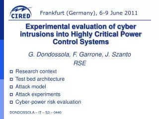 G. Dondossola, F. Garrone, J. Szanto RSE Research context Test bed architecture Attack model