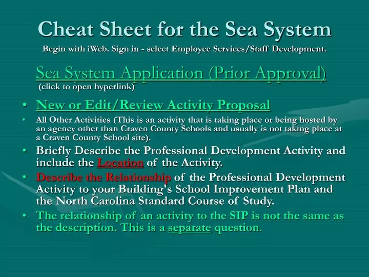 cheat sheet for the sea system