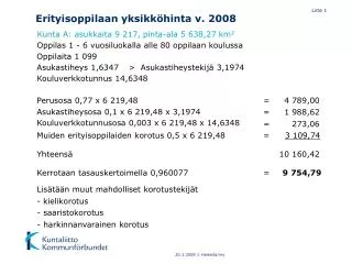 erityisoppilaan yksikk hinta v 2008