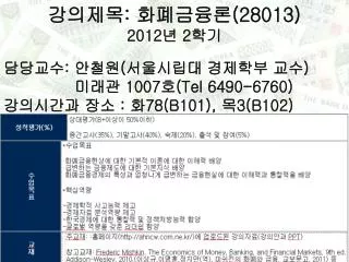 강의제목 : 화폐금융론 (28013) 2012 년 2 학기 담당교수 : 안철원 ( 서울시립대 경제학부 교수 ) 미래관 1007 호 (Tel 6490-6760)