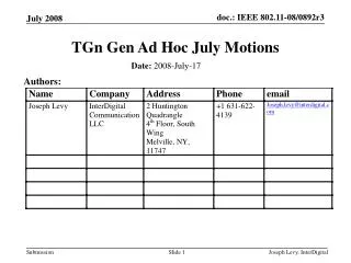 TGn Gen Ad Hoc July Motions