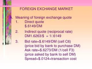 FOREIGN EXCHANGE MARKET 	A.	Meaning of foreign exchange quote 		1.	Direct quote 			$.6149/DM