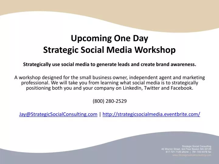 upcoming one day strategic social media workshop