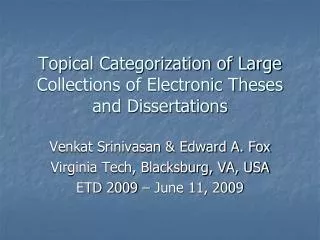 Topical Categorization of Large Collections of Electronic Theses and Dissertations