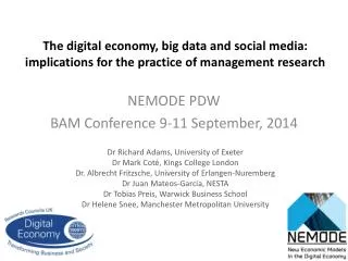 NEMODE PDW BAM Conference 9-11 September, 2014