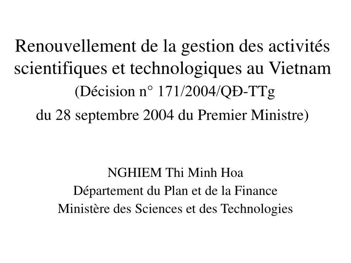 nghiem thi minh hoa d partement du plan et de la finance minist re des sciences et des technologies