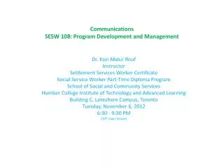 Communications SESW 108: Program Development and Management