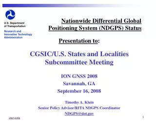 Nationwide Differential Global Positioning System (NDGPS) Status