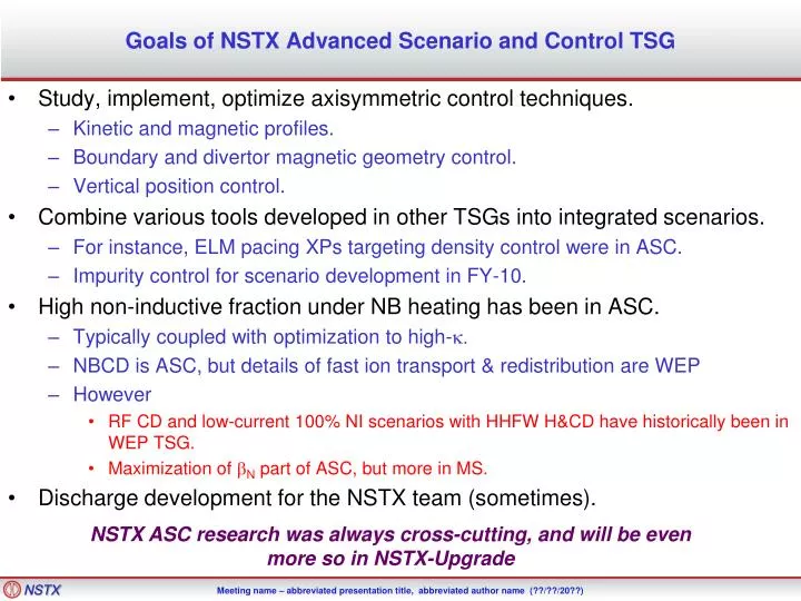goals of nstx advanced scenario and control tsg