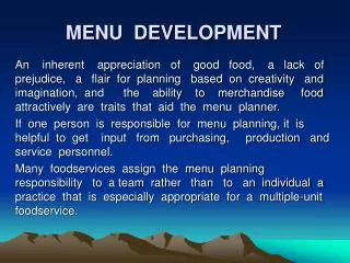 MENU DEVELOPMENT