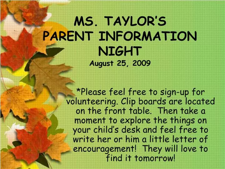 ms taylor s parent information night august 25 2009