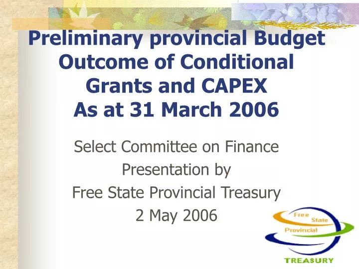 preliminary provincial budget outcome of conditional grants and capex as at 31 march 2006