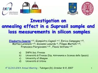 Investigation on annealing effect in a Suprasil sample and loss measurements in silicon samples